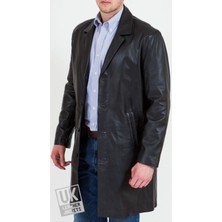 Hakiki Deri Siyah Uzun Düğmeli Erkek Deri Ceket