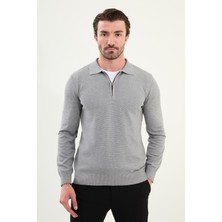 Desenli Slim Fit Fermuarlı Polo Yaka Erkek Triko Kazak