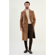 MCR Düz Slim Fit Erkek Kaban Uzun Kaşe Kamel Renkli Geniş Yaka Torba Cep Orta Kalınlık