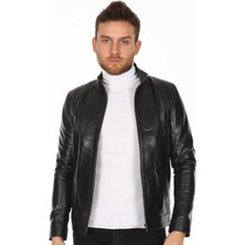 Hakiki Deri Siyah Tori Fermuarlı Erkek Deri Ceket