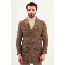 Ekoseli Slim Fit Geniş Yaka Kruvaze Yün Erkek Kaban