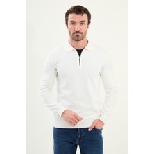 Desenli Slim Fit Fermuarlı Polo Yaka Erkek Triko Kazak