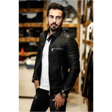 Hakiki Deri Siyah Üç Cepli Fermuarlı Erkek Deri Ceket