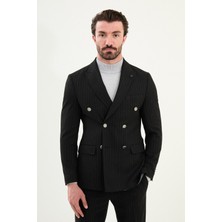 Çizgili Slim Fit Geniş Yaka Kruvaze Metal Düğmeli Erkek Takım Elbise