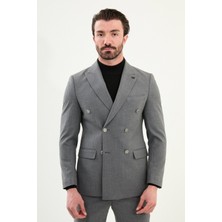 Çizgili Slim Fit Geniş Yaka Kruvaze Metal Düğmeli Erkek Takım Elbise