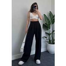 Kadın Yüksekbel Palazzo Geniş Paça Cırt Cırtlı Pantolon