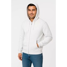 Erkek Üç Iplik Kapüşonlu Tam Fermuarlı Kanguru Çepli Sweatshirt Hoodie - Beyaz