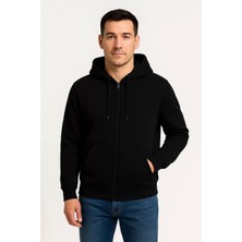 Erkek Üç Iplik Kapüşonlu Tam Fermuarlı Kanguru Çepli Sweatshirt Hoodie - Siyah