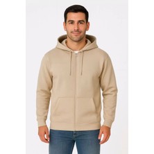 Erkek Üç Iplik Kapüşonlu Tam Fermuarlı Kanguru Çepli Sweatshirt Hoodie - Bej