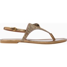 Kensington Düz Askılı Ayakkabı, Altın Kristalli Bej Balık Sırtı Kumaş