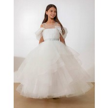 Kız Çocuk Tarlatan Lı Kemer Detaylı Düşük Kol Detay Kat Kat Abiye Gelinlik Özel Günler Için