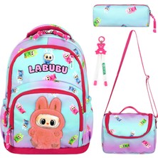 Labubu Oyuncak Bebek Desenli Üçlü Çocuk Ilkokul Okul Çantası Seti (Çanta Termal Beslenme Çantası Kalemlik)