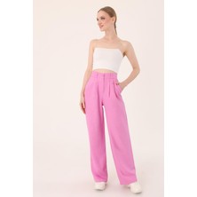 Hazel Kadın Pembe Yüksek Bel Keten Palazzo Pantolon Klasik Geniş Paça Modeli
