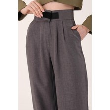 Kadın Antrasit Cırtlı Keten Palazzo Pantolon