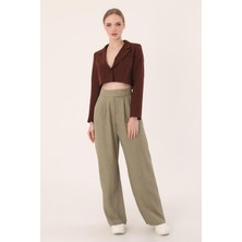 	kadın Haki Çift Düğmeli Keten Palazzo Pantolon