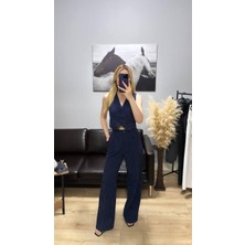 Kadın Lacivert Çizgili Yelek Pantolon Takım