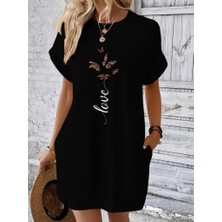 Kadın Kısa Kollu Bisiklet Yaka Cepli Kelebek Baskılı Viskon Elbise