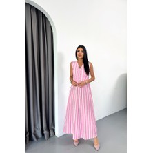 Demir Grup cc Keten Çizgili Yelek - Uzun Etek Takım - Pembe