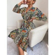 Kadın Uzun Kollu Kruvaze Yakalı Belden Kuşaklı Leopar