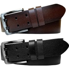 %100 Hakiki Deri, Çift Dilli 2'li Set 4.5 cm Tek Parça Kot Kemeri Siyah, Koyu Kahverengi=2.li-Çift