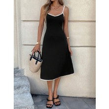 Kadın Ip Askılı Geniş V Yakalı Midi Janjan Krep Elbise