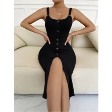 Kadın Kolsuz Askı Halka Detay Önü Düğmeli Midi Boy Yırtmaçlı Fitilli Kaşkorse Elbise