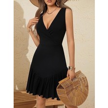 Kadın Askılı Kruvaze Yakalı Fırfırlı Janjan Krep Elbise