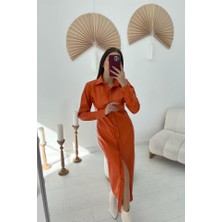 Oranj Boydan Düğmeli Deri Elbise