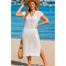 Kadın Sıfır Kol V Yaka Yanı Derin Yırtmaçlı Midi Boy Triko Elbise