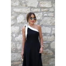 Demir Grup cc Kadın Tek Omuzu Açık Omuzlardan Kurdela Detaylı Çift Renkli Ithal Krep Elbise