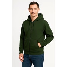 Fy Butik Erkek Üç Iplik Kapüşonlu Tam Fermuarlı Kanguru Çepli Sweatshirt Hoodie - Haki