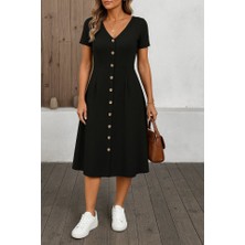 Arben Boutique Kadın Kısa Kollu V Yakalı Önden Düğmeli A Kesim Dokuma Elbise