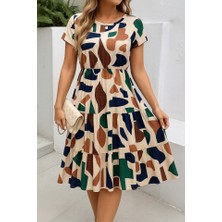 Tiana Kadın Kısa Kollu Bisiklet Yaka Desenli Fırfırlı Süprem Elbise