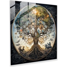 Popcas Yaşam Ağacı Cam Tablo - Fantastik Illüstrasyon - Yaşam Ağacı Sihirli Yaratıklar Duvar Dekorasyonu