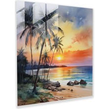 Popcas Tropikal Günbatımı Cam Tablo - Deniz Manzaralı Ev Dekorasyonu ve Modern Sanat