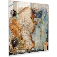 Popcas Rustik Harita Koleksiyonu Cam Tablo - Rustik Vintage Harita Ahşap Tahta