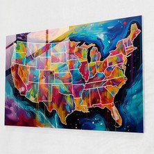 Popcas Amerika Haritası Cam Tablo Sanatı - Amerika Birleşik Devletleri Haritası Canlı Renklerle Duvar Dekorasyonu