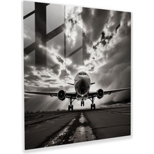 Popcas Uçak Cam Tablo - Siyah Beyaz Fotoğraf - Uçak Dramatik Gökyüzü Cam Tablo