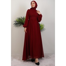 Şık Pile Şifon Elbise Bordo