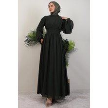 Şık Pile Şifon Elbise Haki