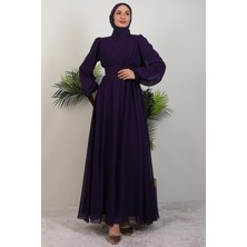 Şık Pile Şifon Elbise Mor