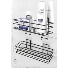 Paslanmaz 2 Li Set Yapışkanlı 4 Kancalı Banyo Rafı Mat Siyah Banyo Şampuanlık Duşakabin Duş Askısı