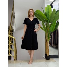 Kadın Kısa Kollu V Yakalı Önden Düğmeli A Kesim Dokuma Elbise