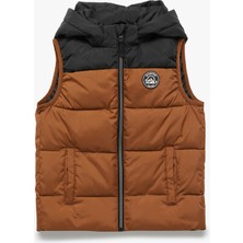 Renk Bloklu Cepli Etiket Detaylı Fermuarlı Kapşonlu Kolsuz Şişme Yelek