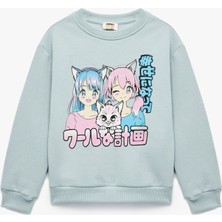 Koton Uzun Kollu Bisiklet Yaka Mavi Şardonlu Baskılı Sweatshirt Kız Çocuklar İçin Konforlu Tasarım