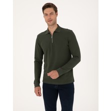 Pierre Cardin Erkek Koyu Yeşil Slim Fit Kıvrılmaz Fermuarlı Polo Yaka Basic Pike Sweatshirt 50314046-VR079