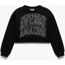 Şardonlu Uzun Kollu Bisiklet Yaka Taş Detaylı Sweatshirt