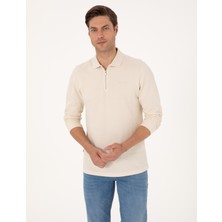 Pierre Cardin Erkek Bej Slim Fit Kıvrılmaz Fermuarlı Polo Yaka Basic Pike Sweatshirt 50314046-VR011