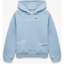 Koton Kız Çocuk Kapşonlu Sweatshirt Uzun Kollu Mavi Desenli Ekstra Rahat Tasarım