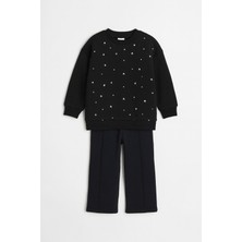 Kız Çocuk Siyah 3 Iplik Şardonlu Takım – Yıldız Desenli Sweatshirt & Rahat Eşofman Altı